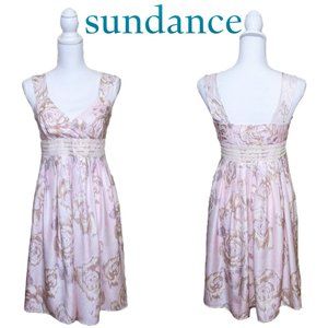 SUNDANCE 100% Silk Surplice Sundress in Pink Floral Print w/ Lace Trim